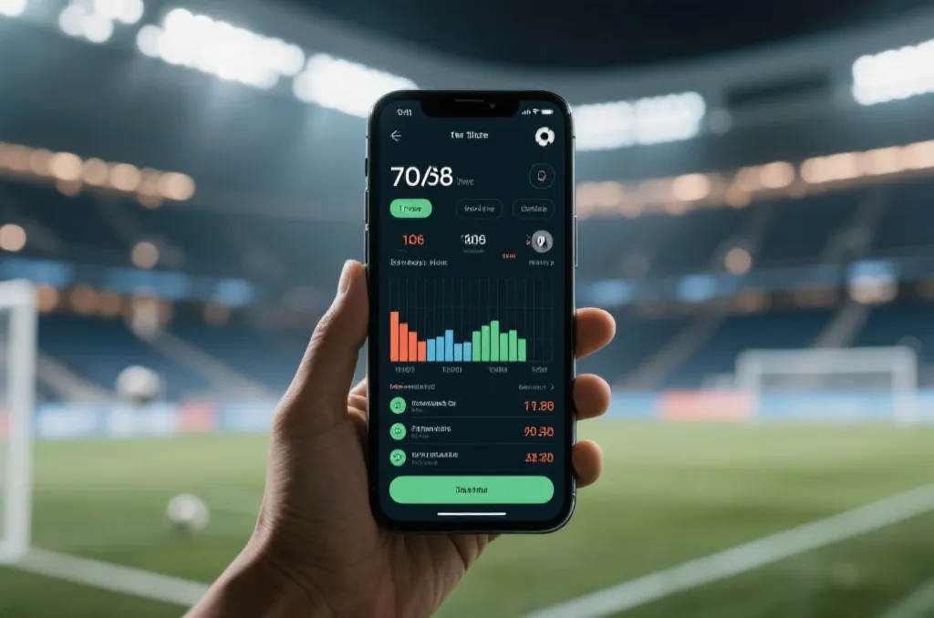 Sports fans watching real-time soccer stats on a mobile app during a live match